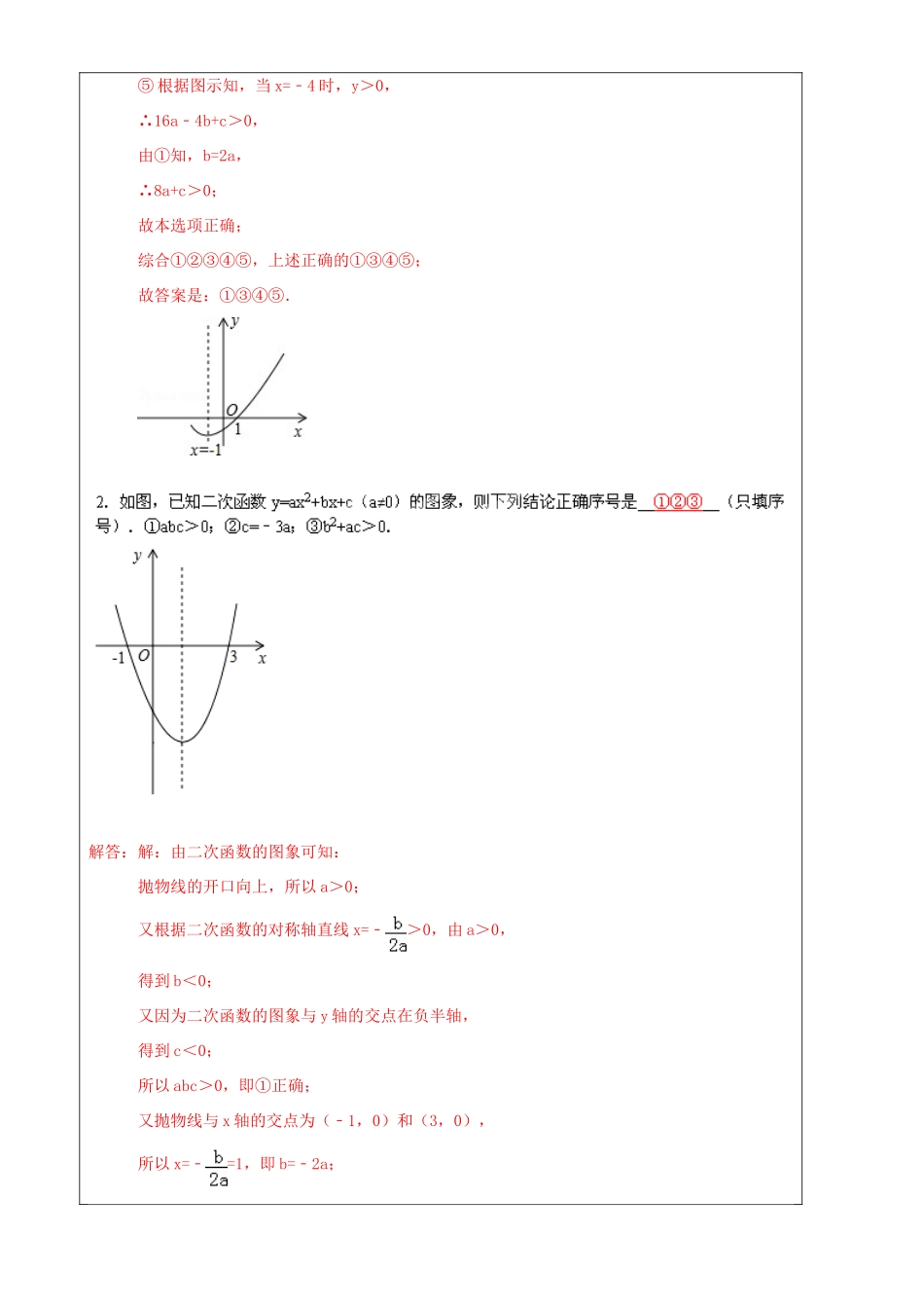 上海市罗泾中学九年级数学上册 从二次函数图象中获取信息 填空题解题技巧训练 沪教版五四制_第2页