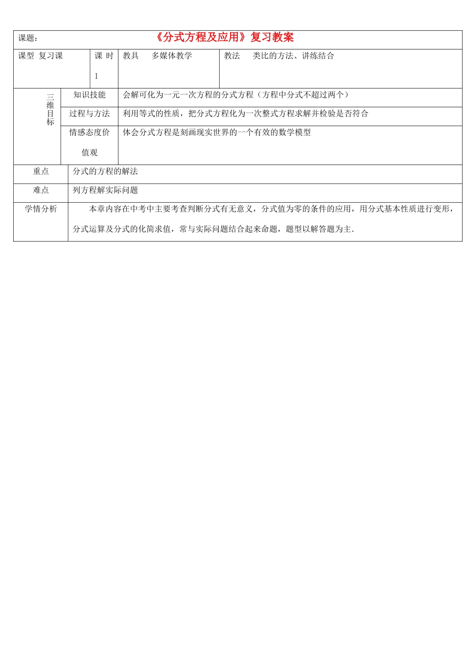 新疆克拉玛依市第十三中学九年级数学《分式方程及应用》复习教案 新人教版_第1页