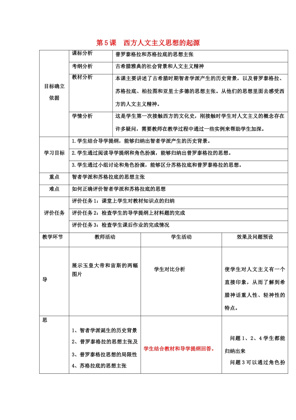 高中历史 第二单元 西方人文精神的起源及其发展 第5课 西方人文主义思想的起源1教案 新人教版必修3-新人教版高一必修3历史教案_第1页