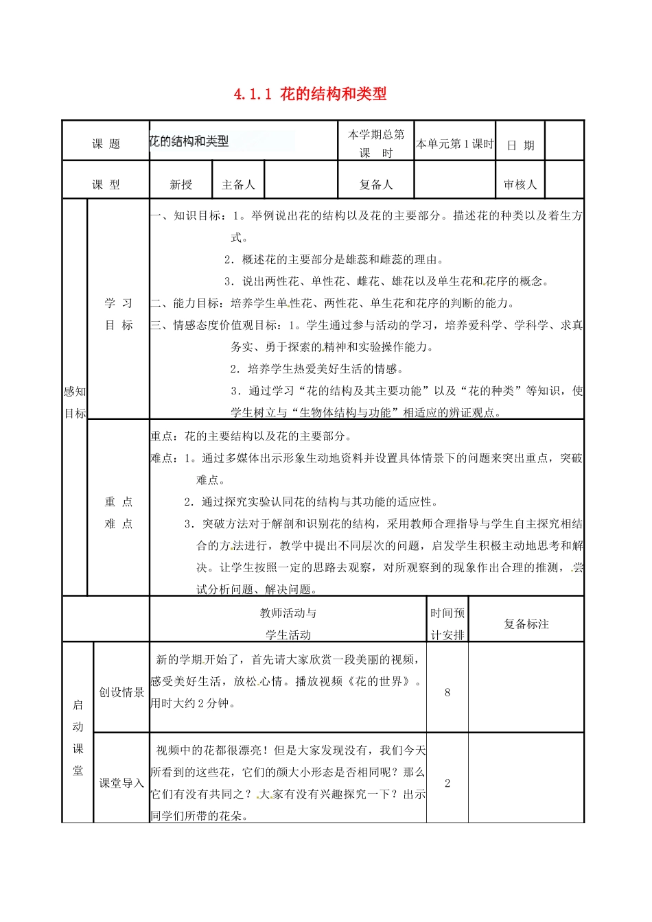 山东省邹平县实验中学八年级生物上册《4.1.1 花的结构和类型》教案 济南版_第1页