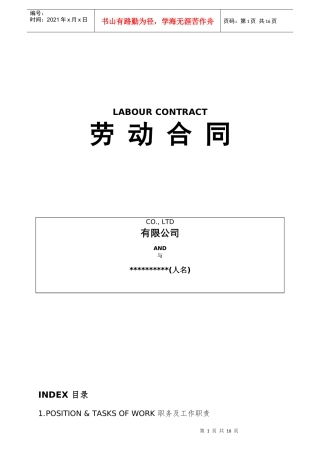 雇佣外国人劳动合同模板(中英文)（DOC20页）
