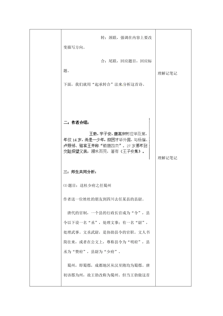 北京市大兴区魏善庄中学七年级语文上册 第六单元 第21课 唐诗四首《送杜少府之任蜀州》教案 北京课改版_第3页