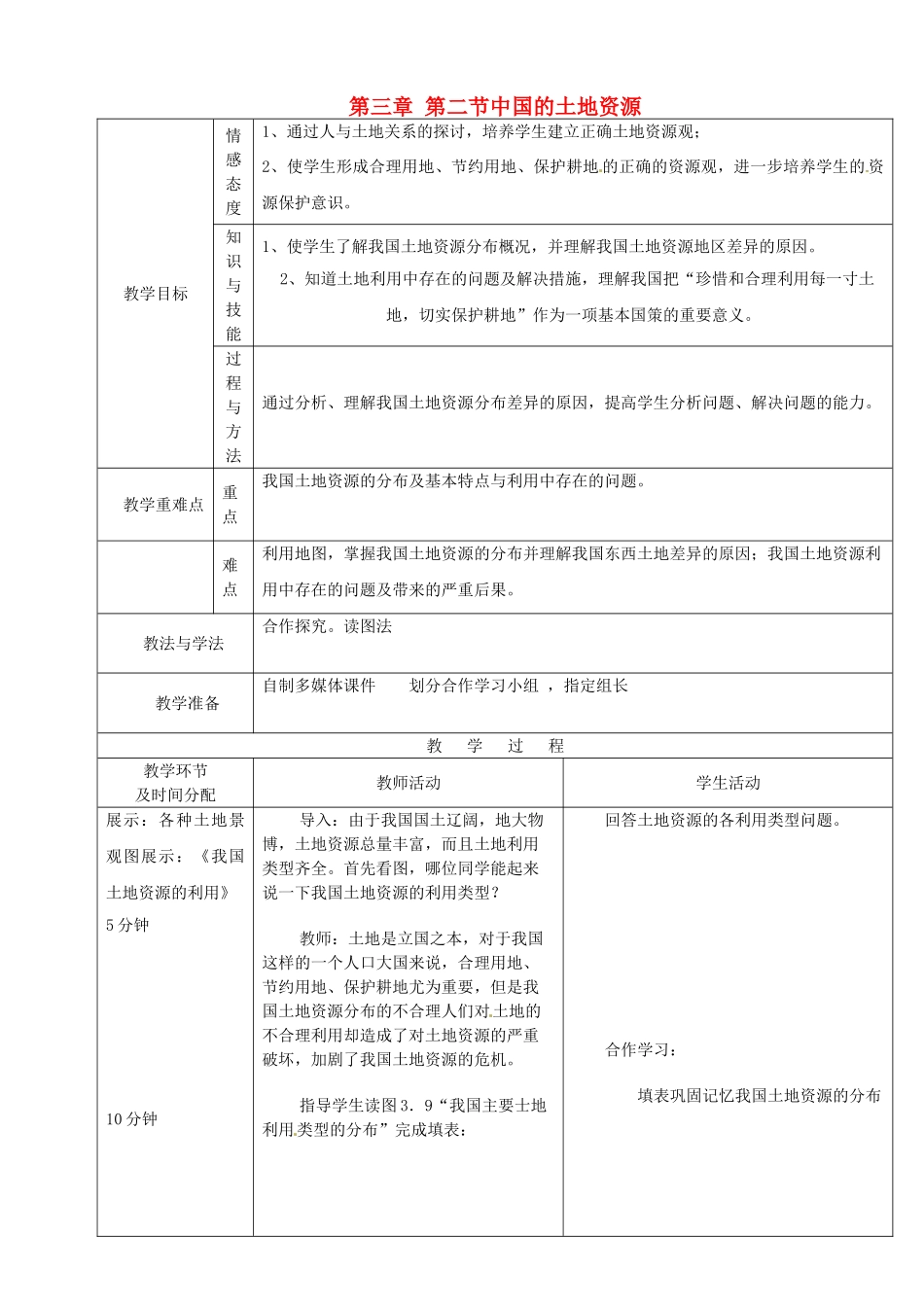 陕西省安康市紫阳县紫阳中学初中部八年级地理上册 第三章 第二节中国的土地资源教案 （新版）湘教版_第1页