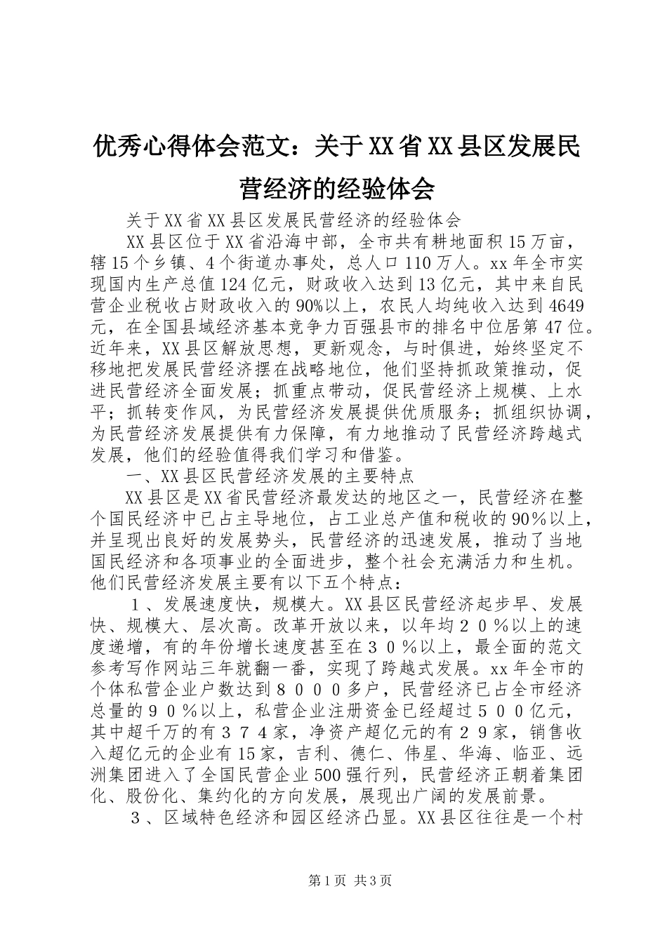 优秀心得体会范文：关于XX省XX县区发展民营经济的经验体会_第1页
