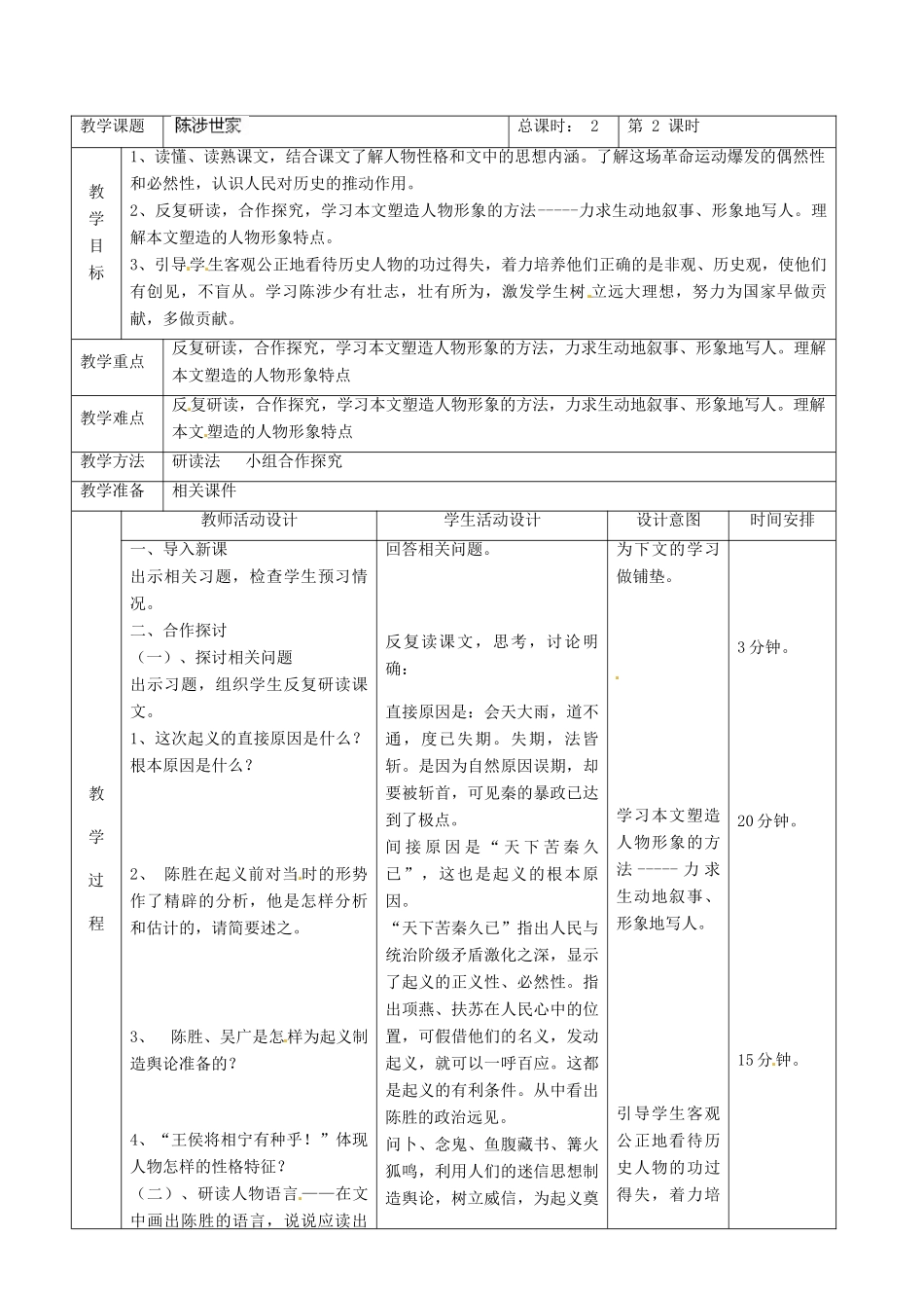 北京市顺义区大孙各庄中学七年级语文上册 第21课《陈涉世家》教案2 新人教版_第2页