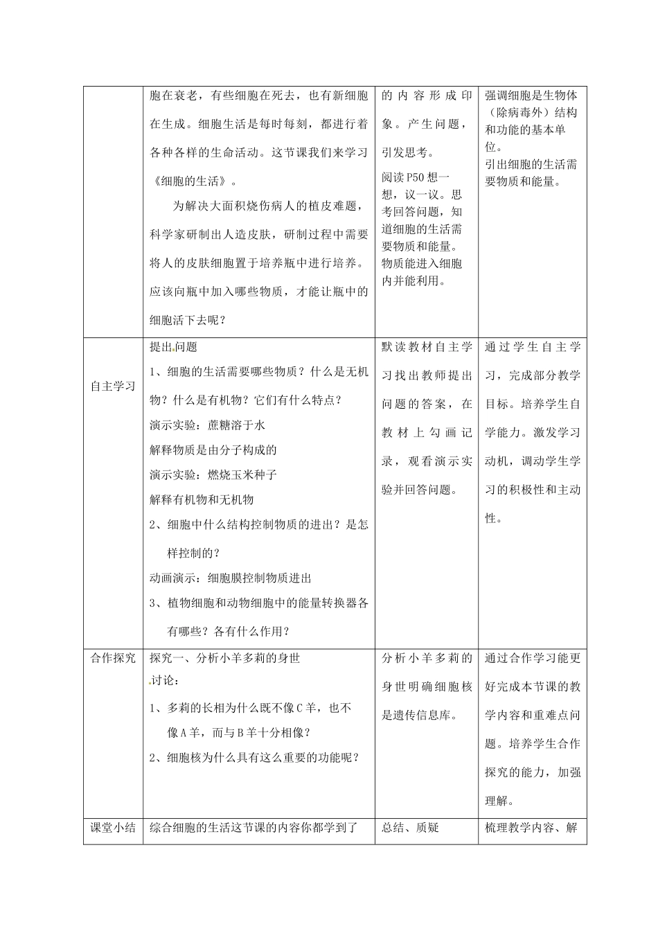 云南省师范大学五华区实验中学七年级生物上册 2.1.4 细胞的生活教案 （新版）新人教版_第2页