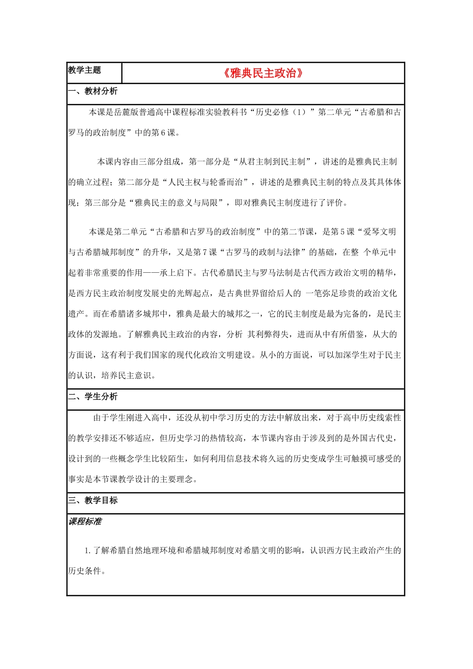 高中历史 第6课 雅典城邦的民主政治教案10 岳麓版必修1-岳麓版高一必修1历史教案_第1页