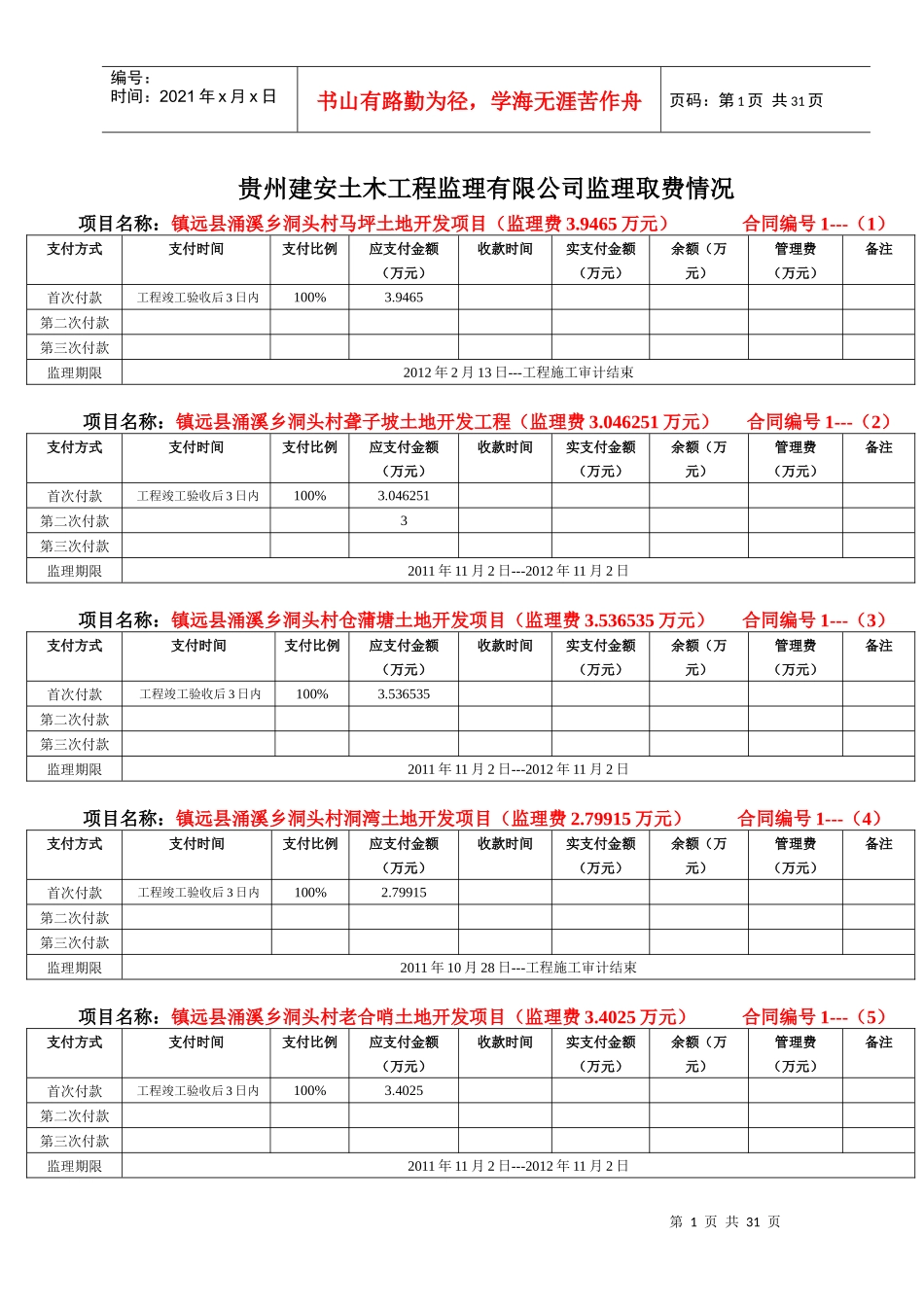 合同(贵州建安土木工程监理有限公司支付监理费时间表3_第1页