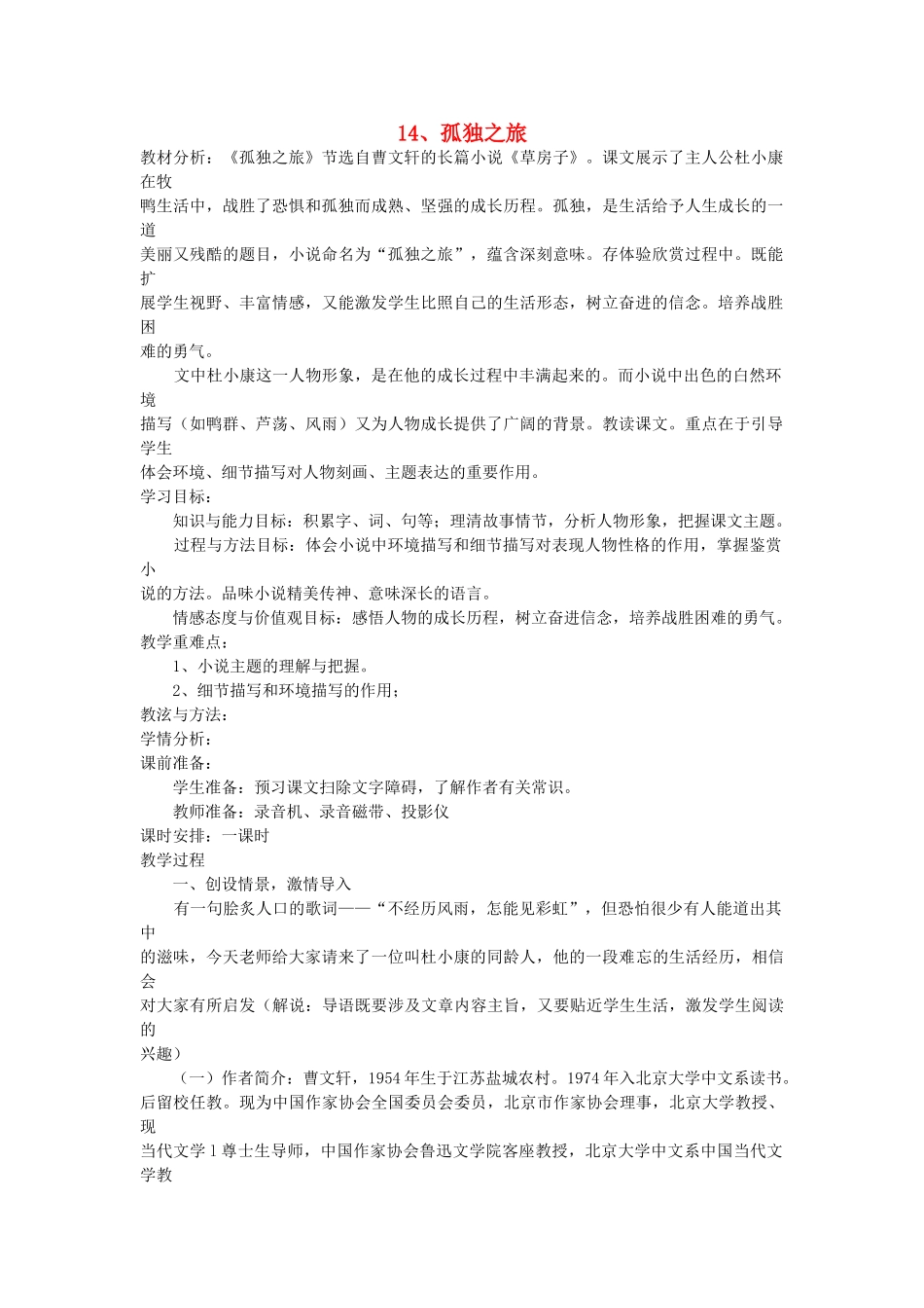 八年级语文下册 第14课 孤独之旅教案 鲁教版-鲁教版初中八年级下册语文教案_第1页