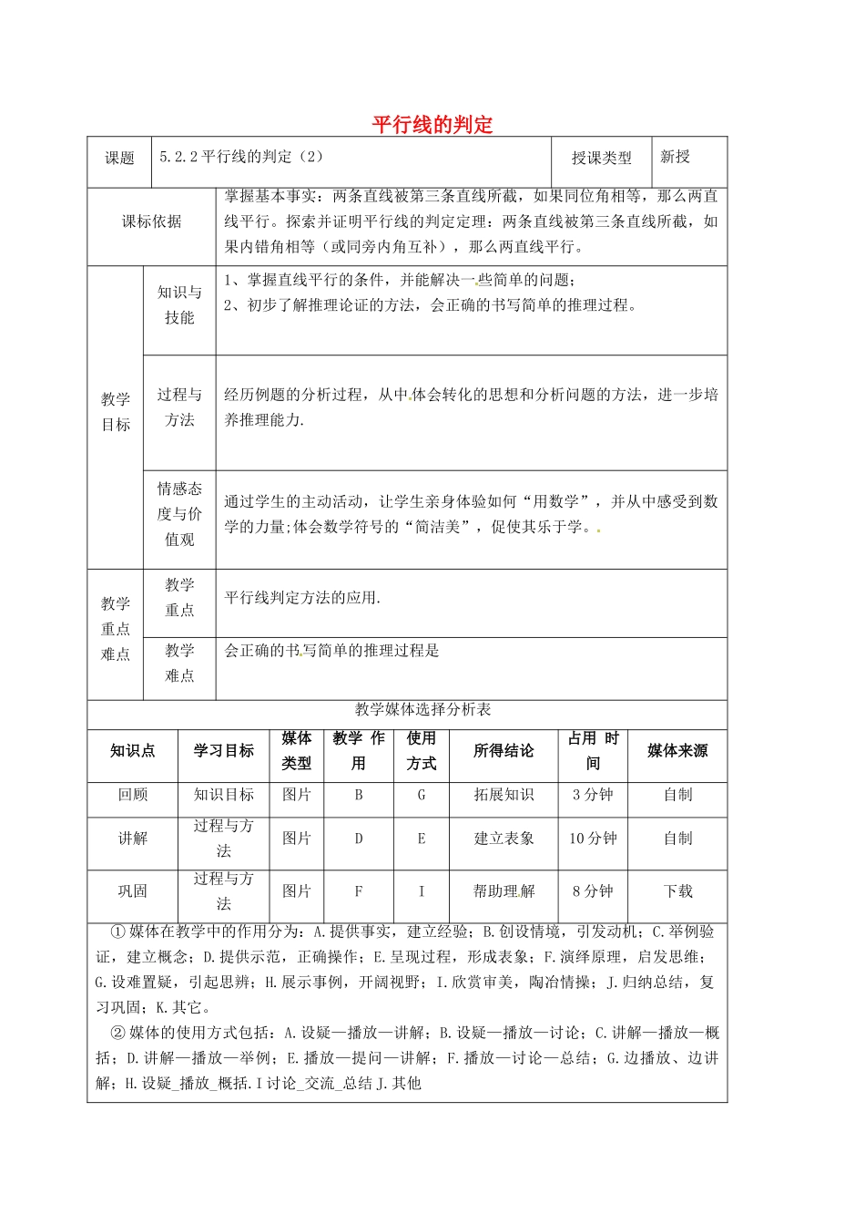 陕西省安康市石泉县池河镇七年级数学下册 5.2 平行线及其判定 5.2.2 平行线的判定（2）教案 （新版）新人教版-（新版）新人教版初中七年级下册数学教案_第1页