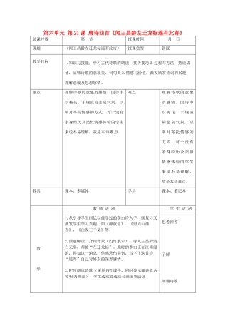 北京市大兴区魏善庄中学七年级语文上册 第六单元 第21课 唐诗四首《闻王昌龄左迁龙标遥有此寄》教案 北京课改版
