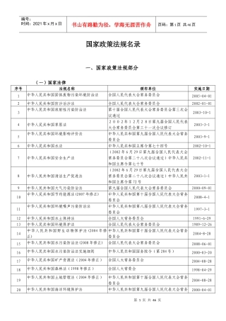环保法律法规标准清单大全(实施日期至XXXX101)