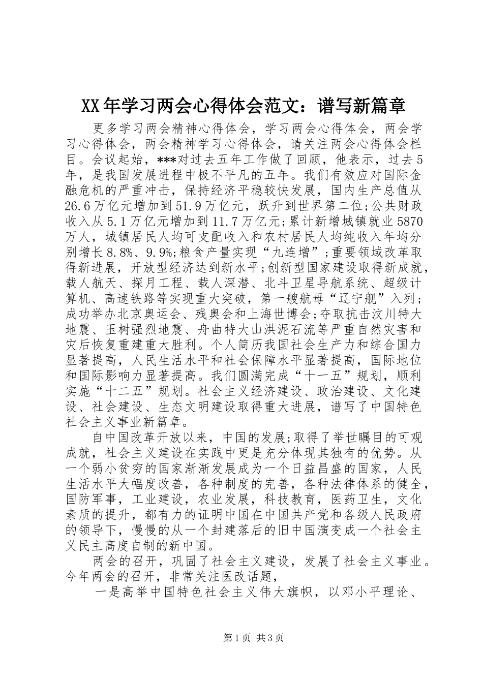 XX年学习两会心得体会范文：谱写新篇章_第1页