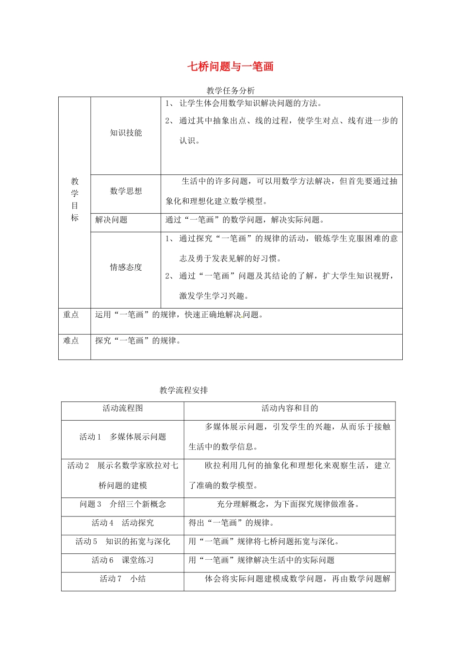 浙江省温岭市城南中学全国初中青年数学教师优秀课评比七年级数学《七桥问题与一笔画》教案_第1页