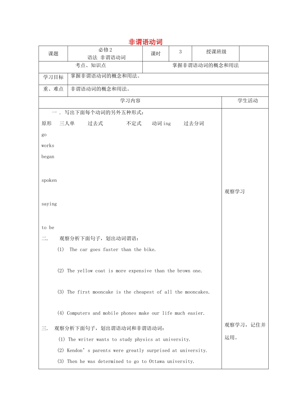 四川省宜宾市一中高一英语 非谓语动词教学设计-人教版高一全册英语教案_第1页