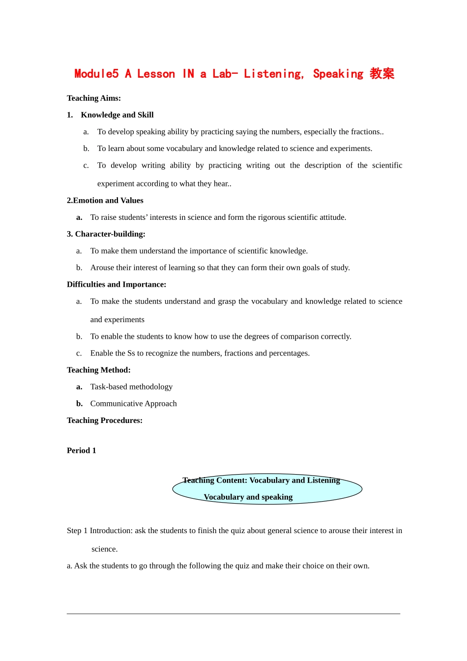 高中英语：Module5 A lesson in a lab-listening，speaking教案（2）（外研版必修1）_第1页