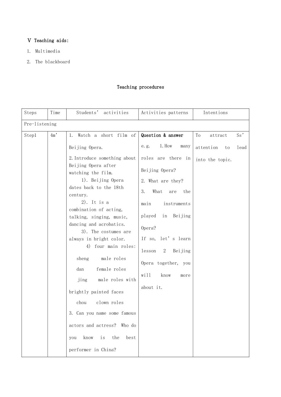 高中英语 Unit5 Lesson2 Beijing Opera教案 新人教版必修1-新人教版高一必修1英语教案_第2页