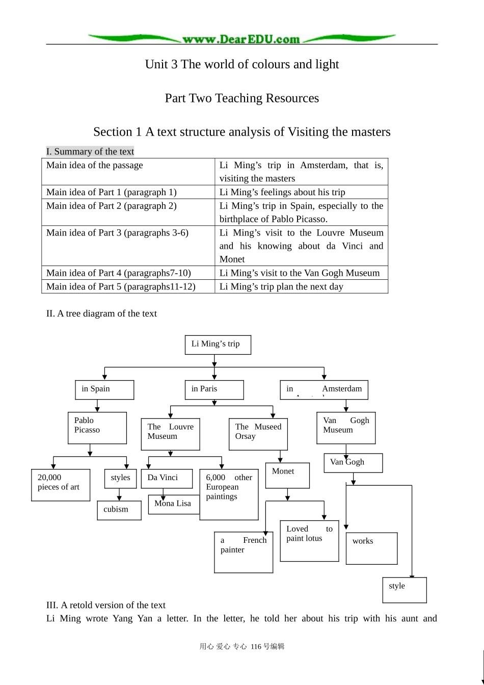 高中英语必修8Unit 3 The world of colours and light--Section 1 A text structure analysis of Visiting the masters_第1页
