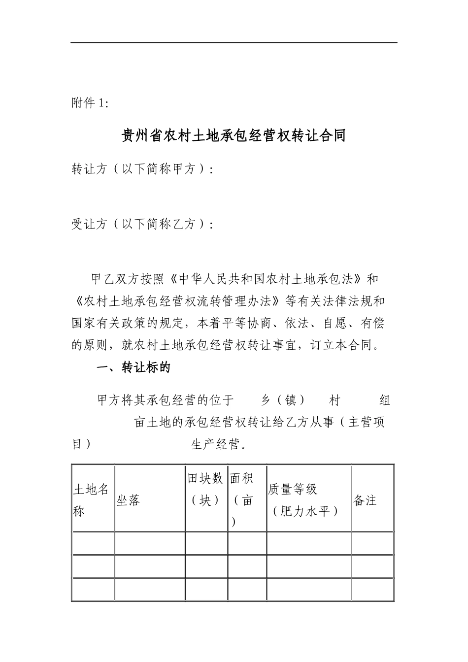 贵州省农村土地承包经营权转让合同_第1页