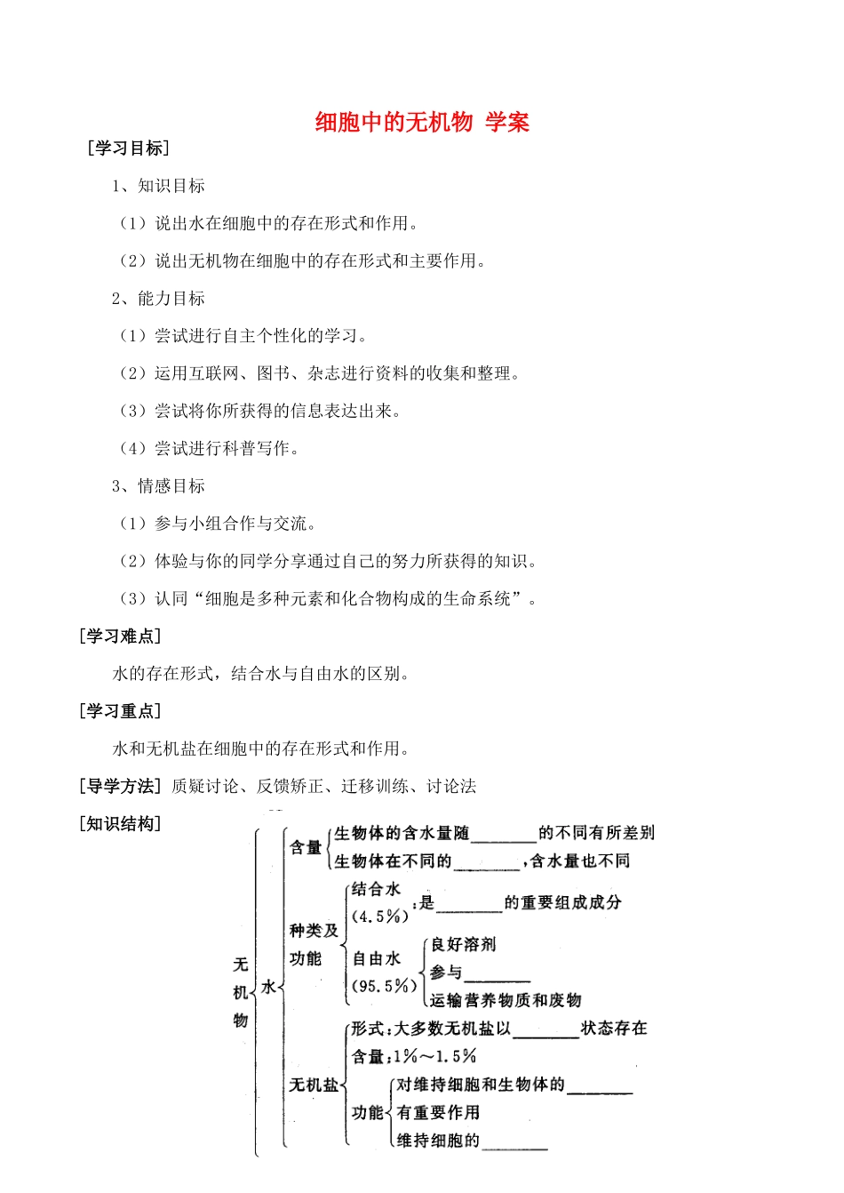 山西省运城市康杰中学高中生物 2.5 细胞中的无机物学案 新人教版必修1_第1页
