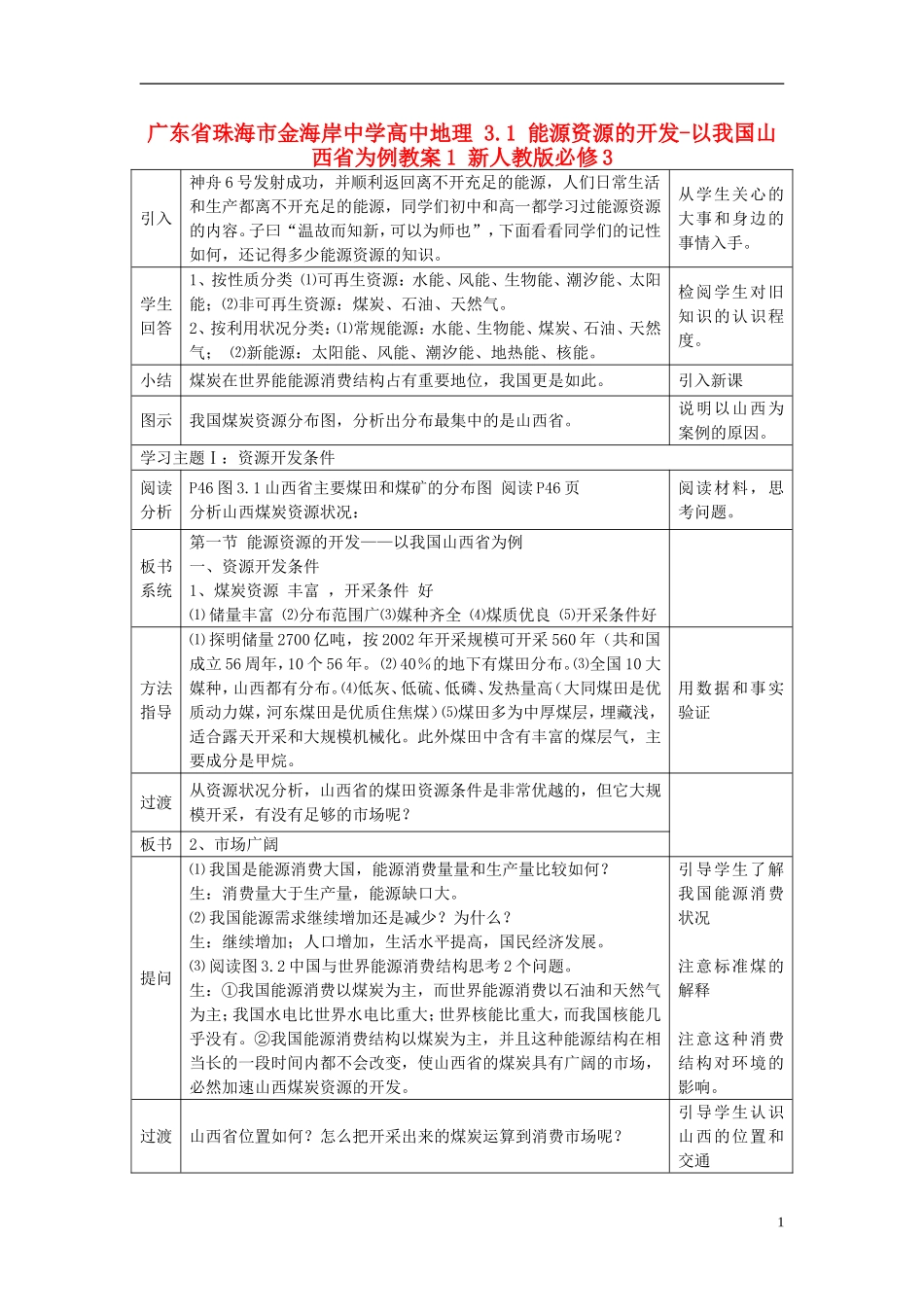 广东省珠海市金海岸中学高中地理 3.1 能源资源的开发-以我国山西省为例教案1 新人教版必修3_第1页