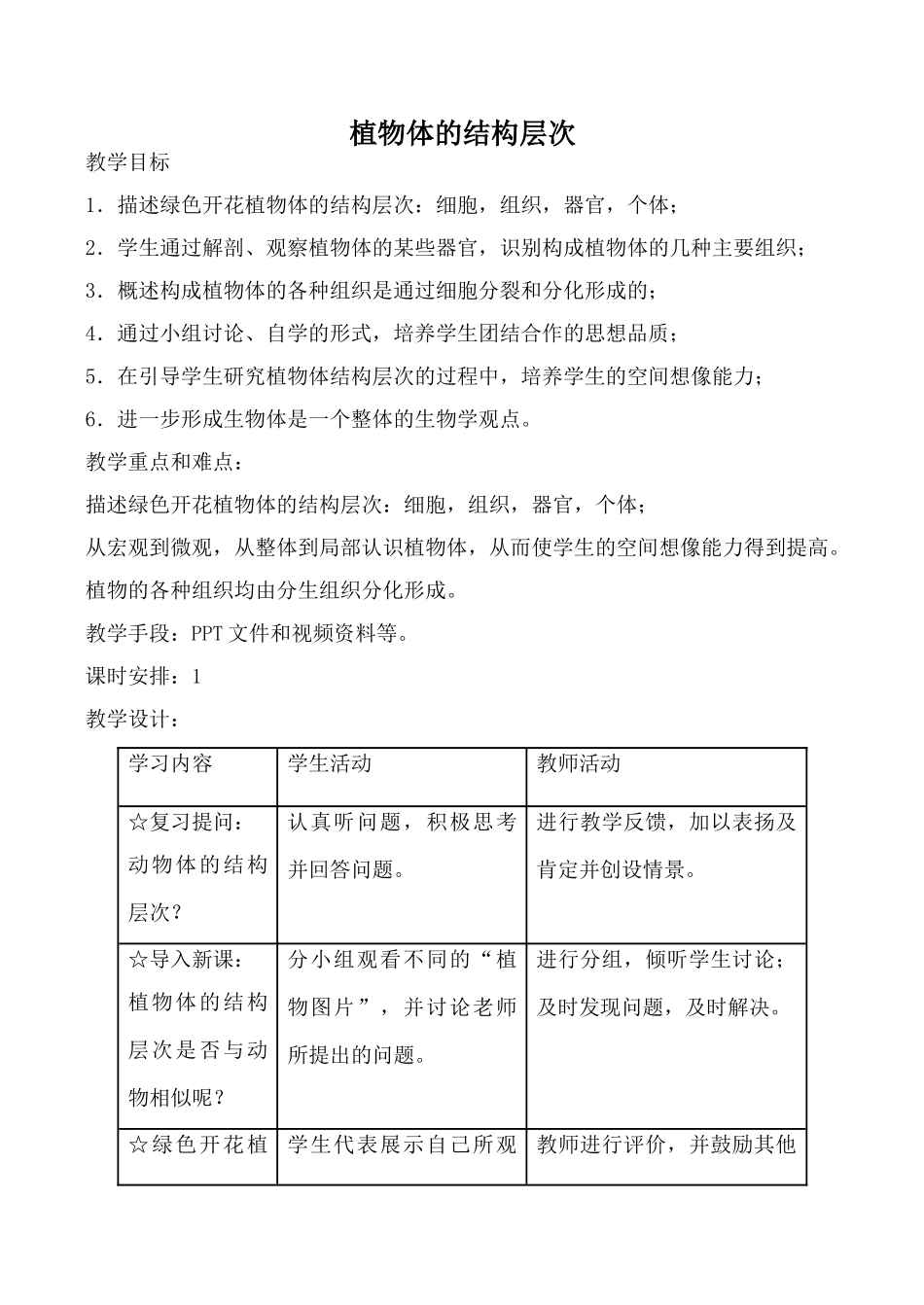 新人教版七年级生物上册植物体的结构层次教案_第1页