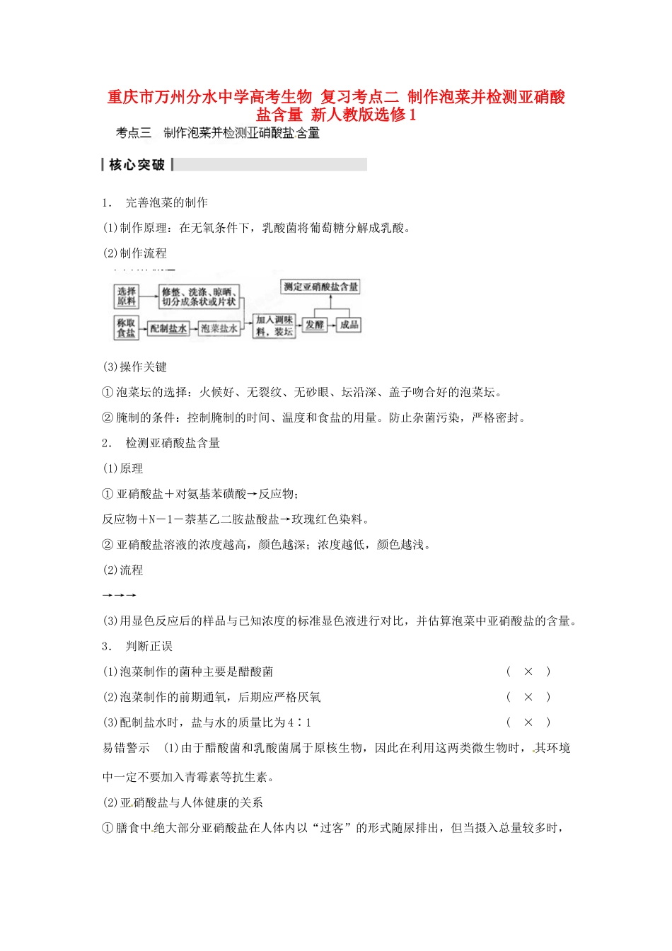 重庆市万州分水中学高考生物 复习考点二 制作泡菜并检测亚硝酸盐含量 新人教版选修1_第1页
