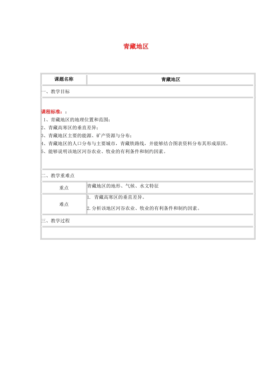 四川省宜宾市一中高二地理 青藏地区教学设计-人教版高二全册地理教案_第1页