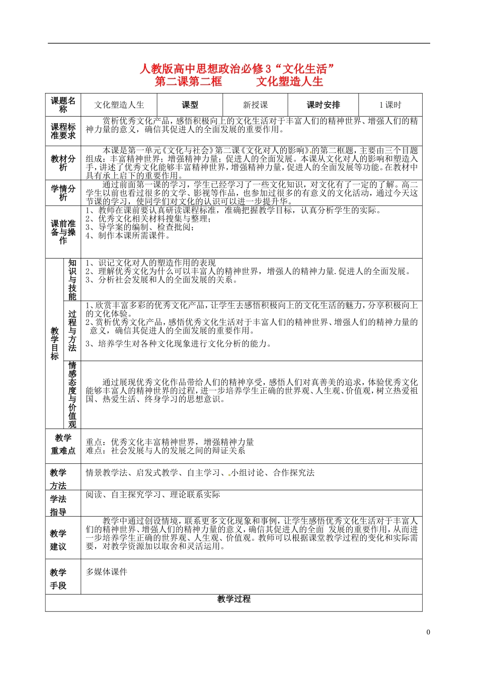 陕西省西安市高陵县第三中学高中政治《文化塑造人生》教学设计 新人教版必修3_第1页