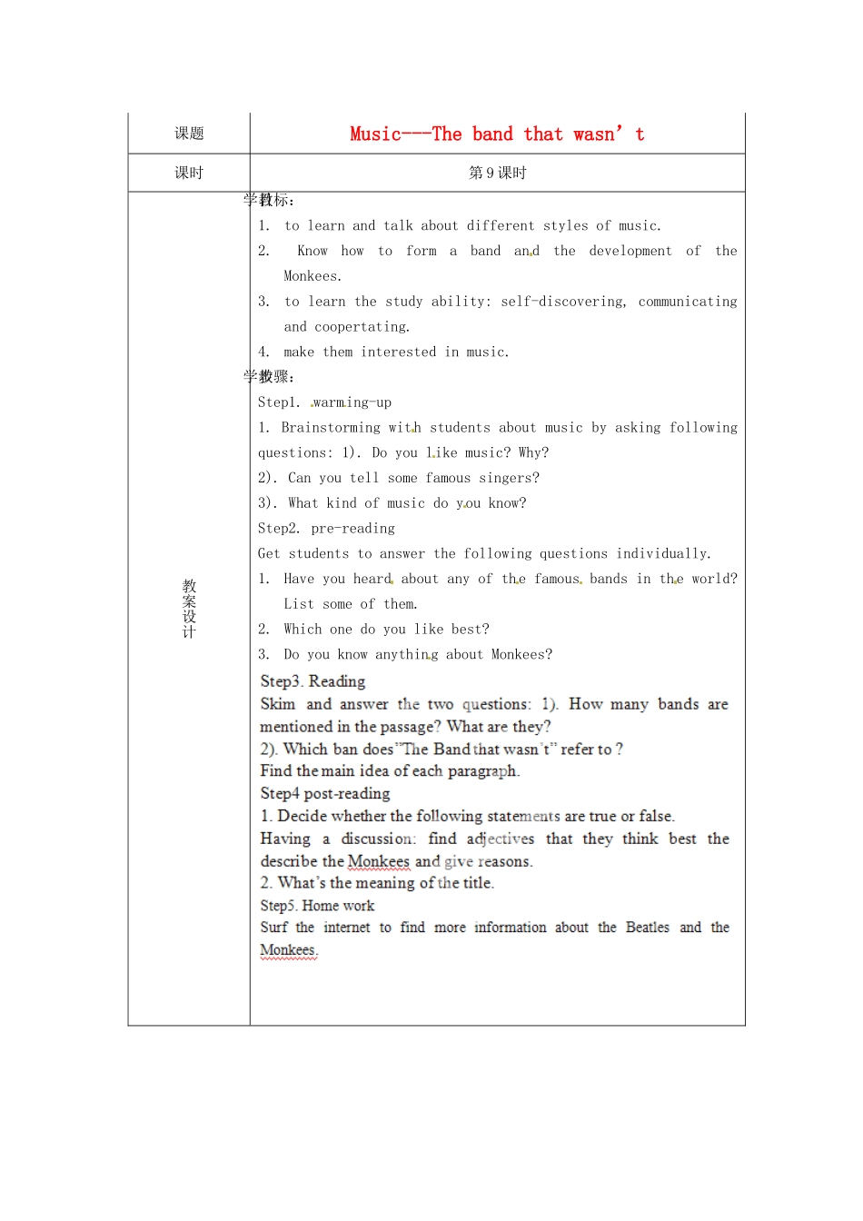 高中英语校本课程话题阅读 9 Music-he band that wasn’t教案-人教版高中全册英语教案_第1页