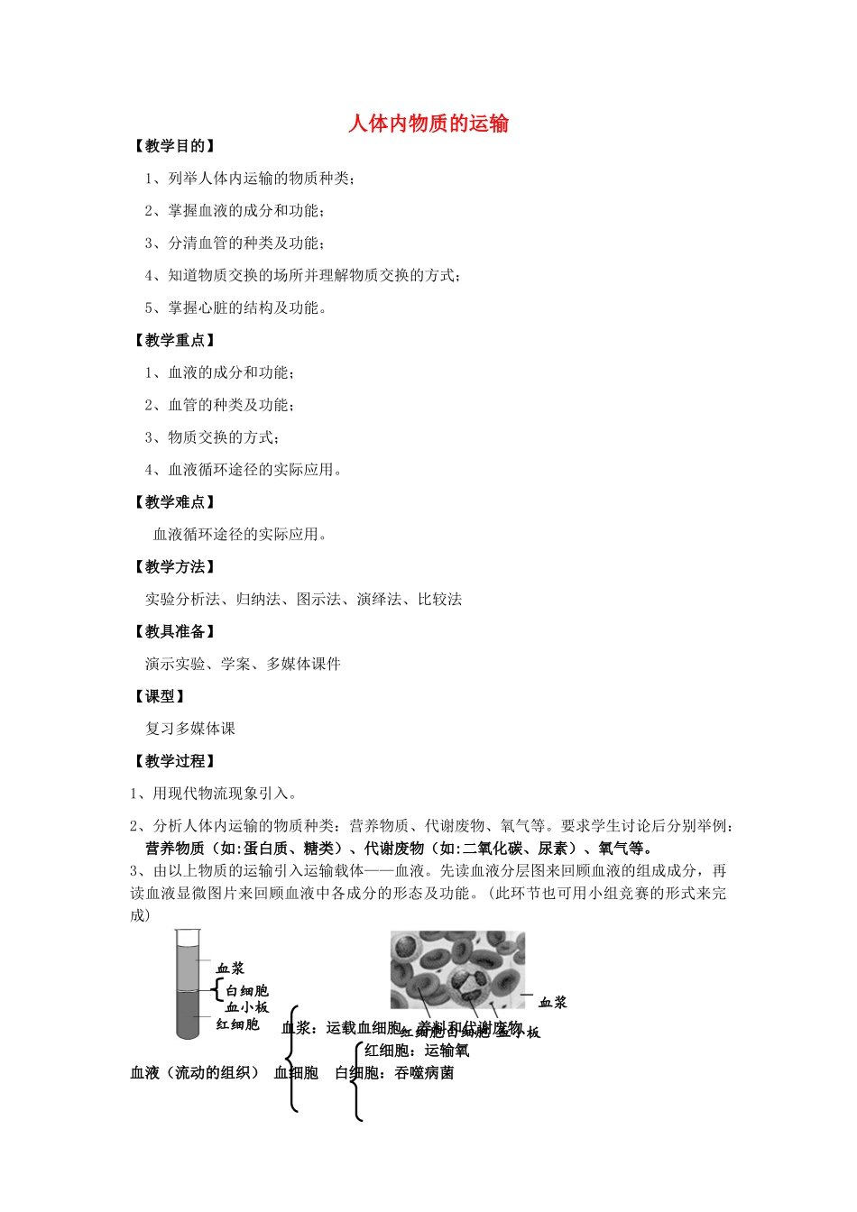 中考生物《人体内物质的运输》复习教案-人教版初中九年级全册生物教案_第1页