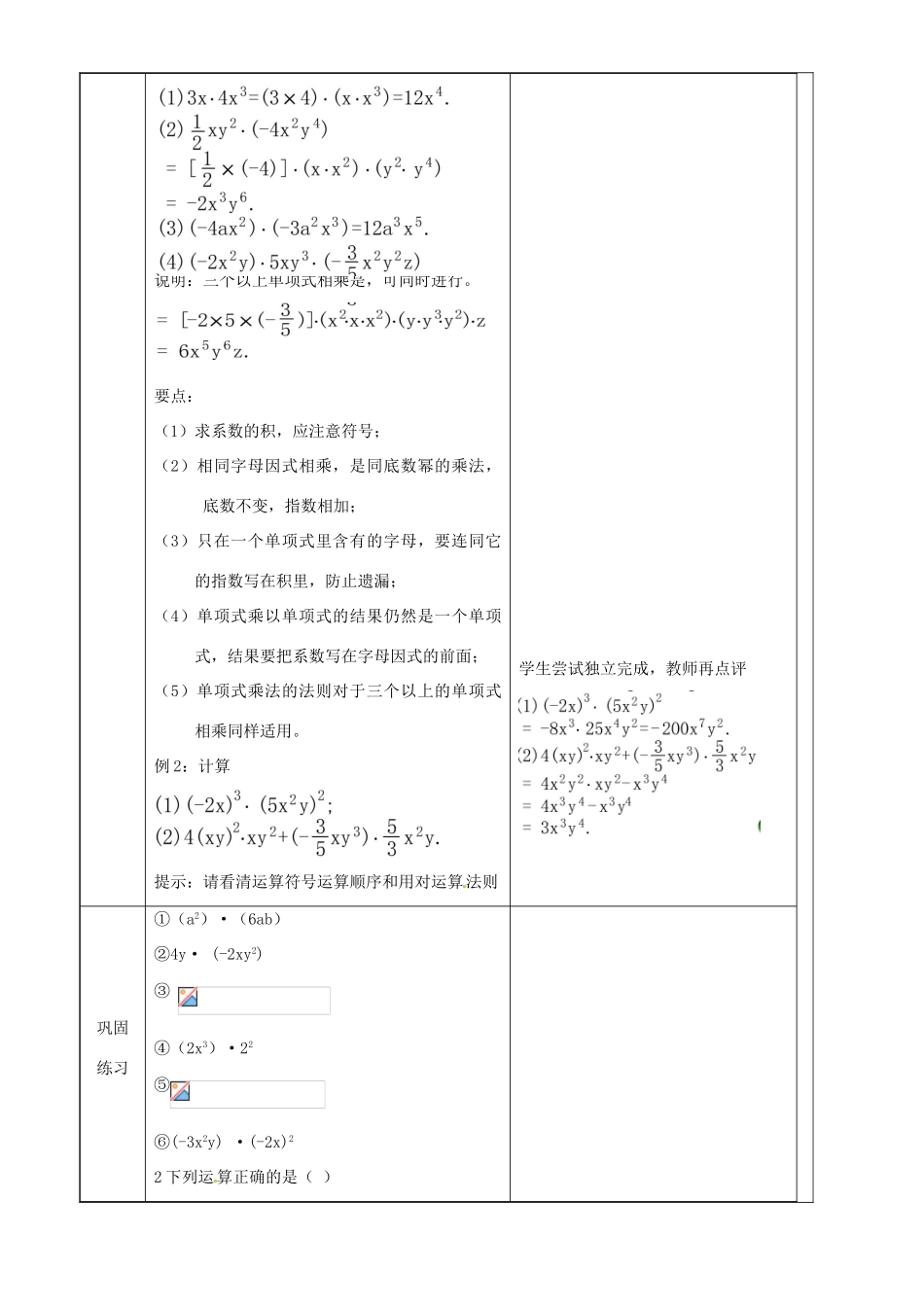 上海市罗泾中学七年级数学上册 9.10.1 整式的乘法教案 沪教版五四制_第3页