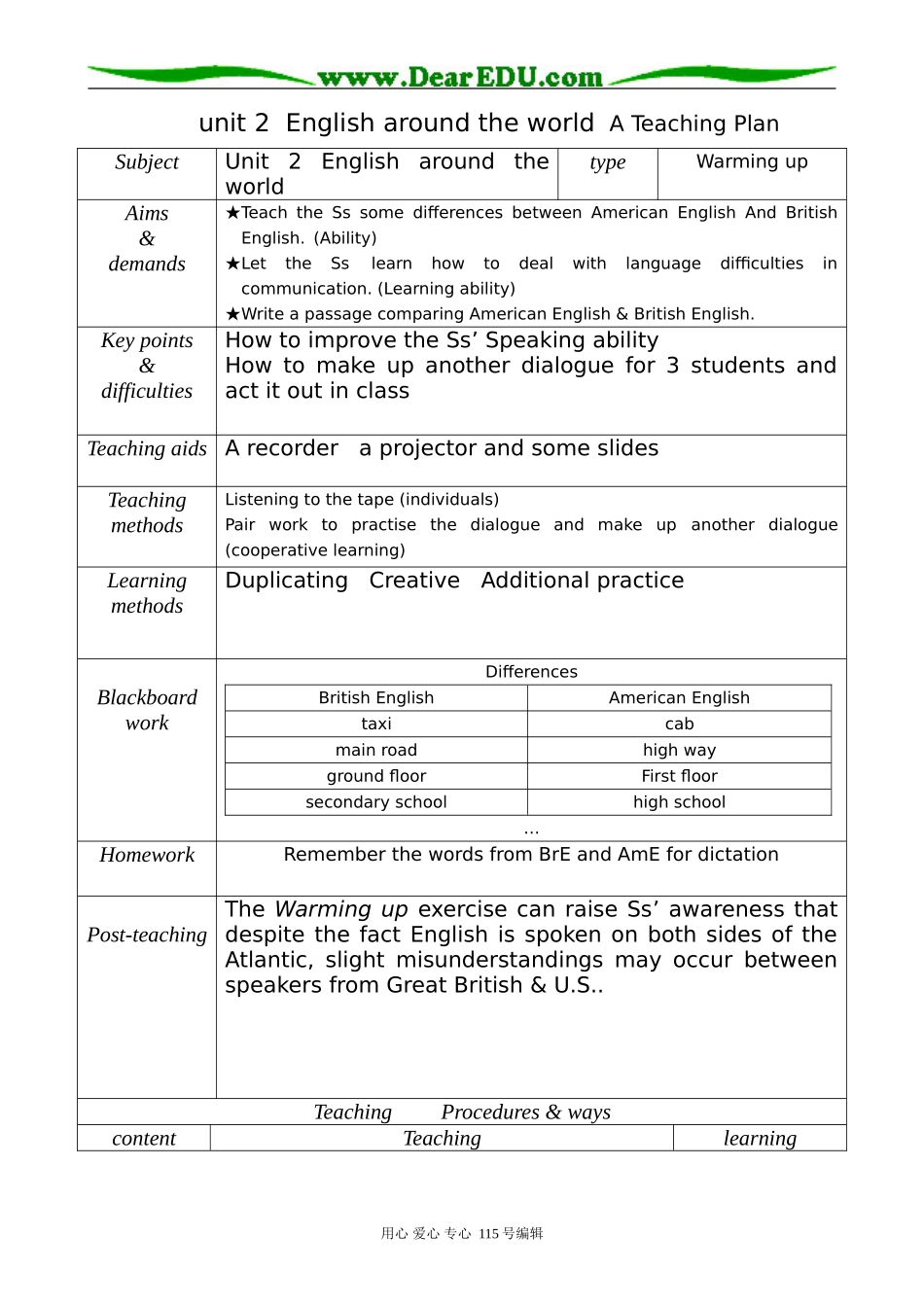 高中英语第一册上unit 2  English around the world  A Teaching Plan_第1页