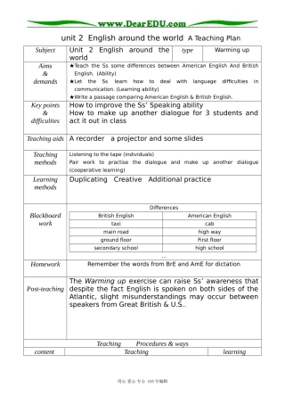 高中英语第一册上unit 2  English around the world  A Teaching Plan