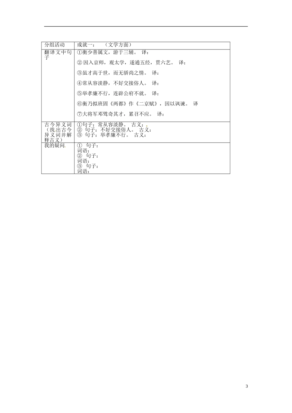 高中语文 第13课《张衡传》第一课时导学案 新人教版必修4-新人教版高二必修4语文学案_第3页