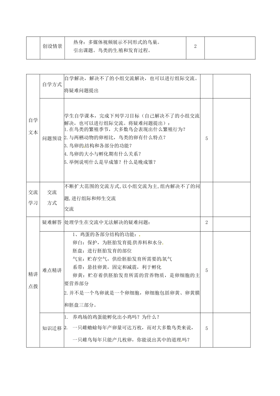 山东省邹平县实验中学八年级生物上册《4.2.3 鸟的生殖和发育》教案 济南版_第2页
