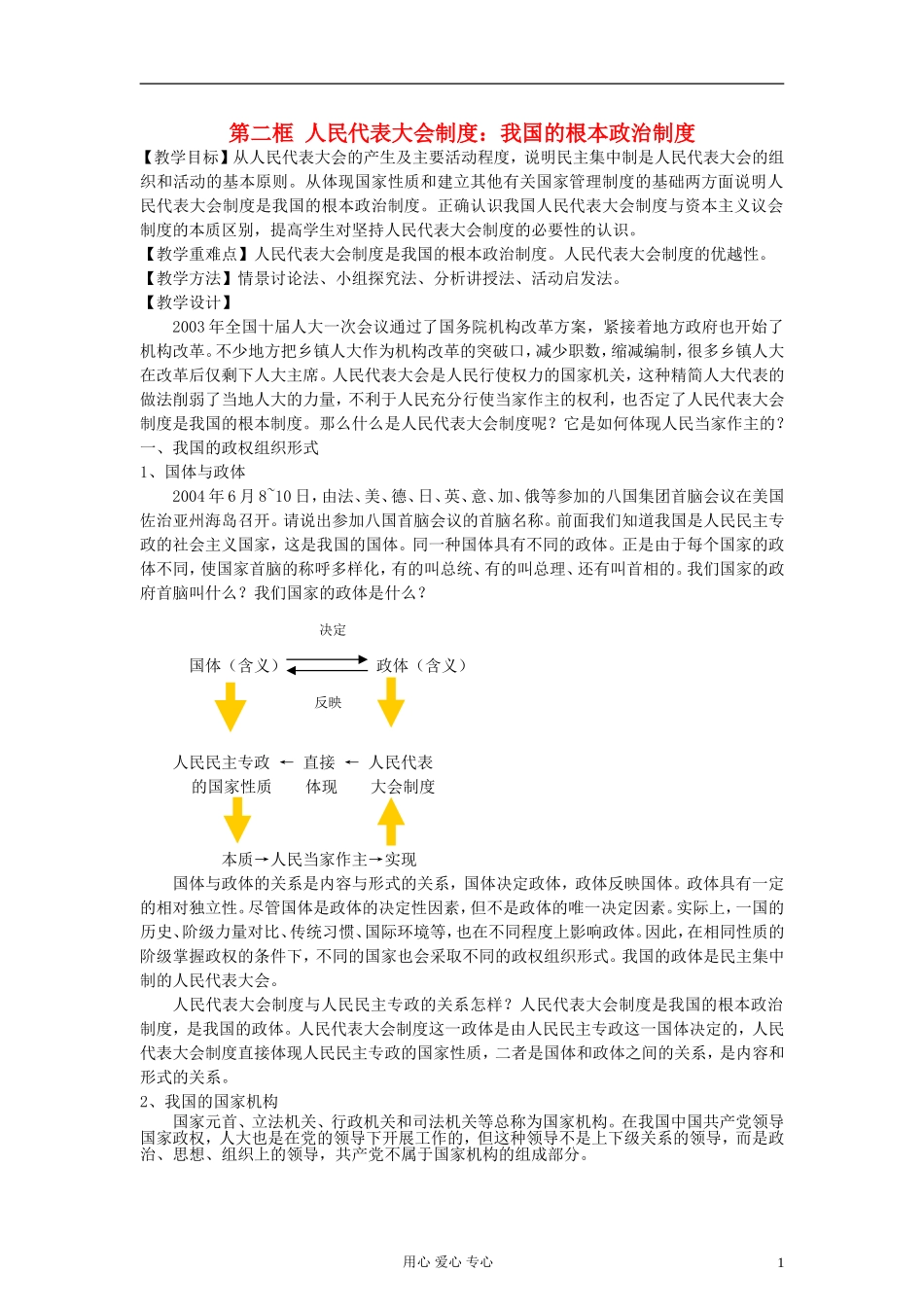 高中政治《人民代表大会制度：我国的根本政治制度》教案2 新人教版必修2_第1页