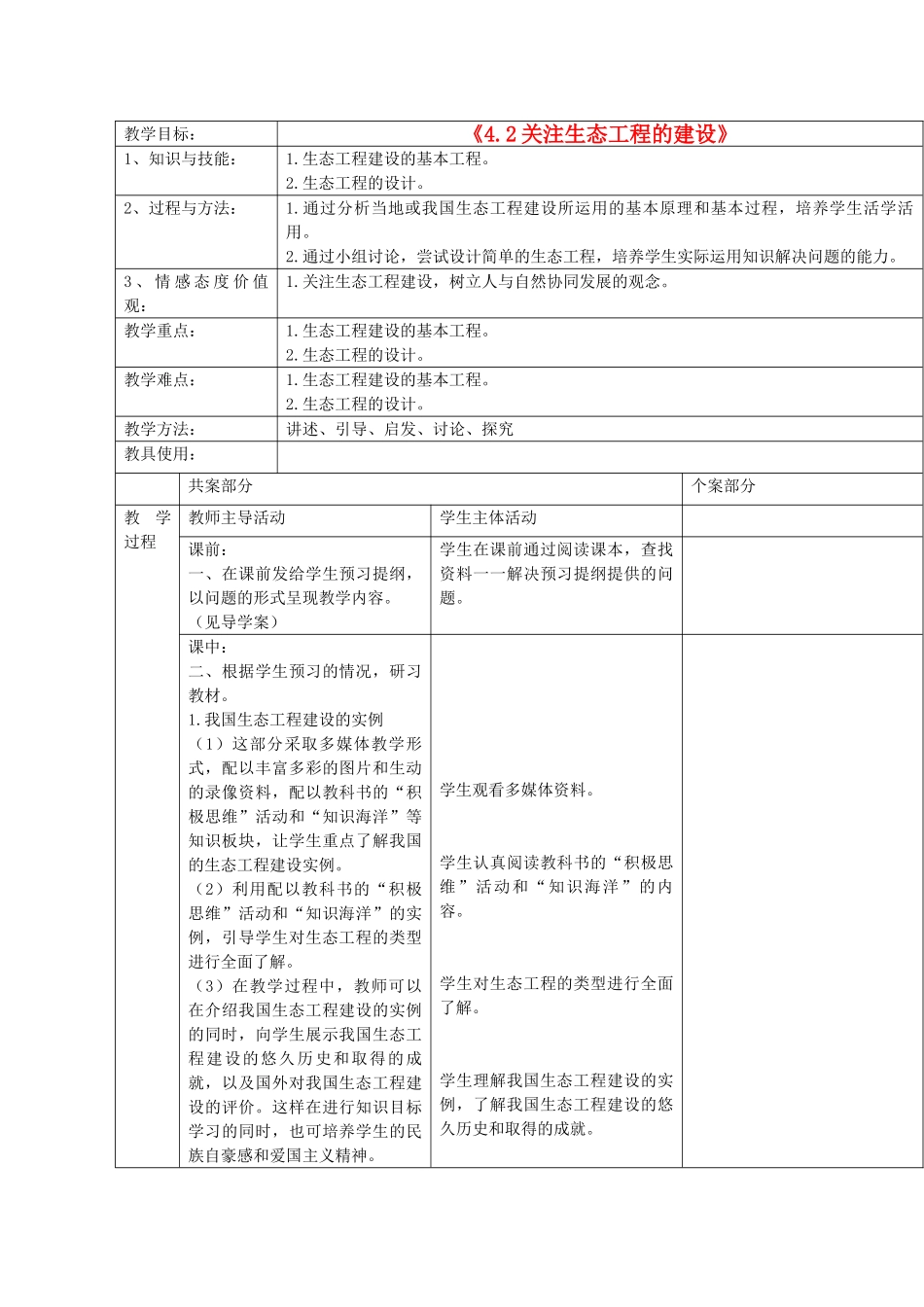 江苏省新沂市棋盘中学高中生物 《4.2关注生态工程的建设》教案二 新人教版选修3_第1页