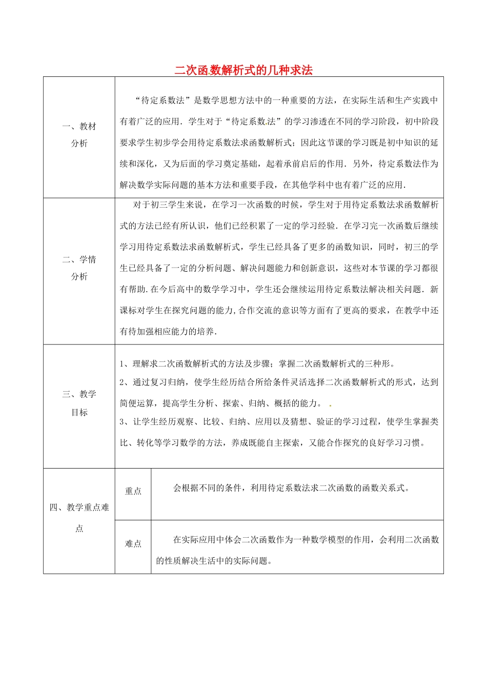 陕西省安康市石泉县池河镇九年级数学上册 22.1.5 二次函数解析式的几种求法教案 （新版）新人教版-（新版）新人教版初中九年级上册数学教案_第1页