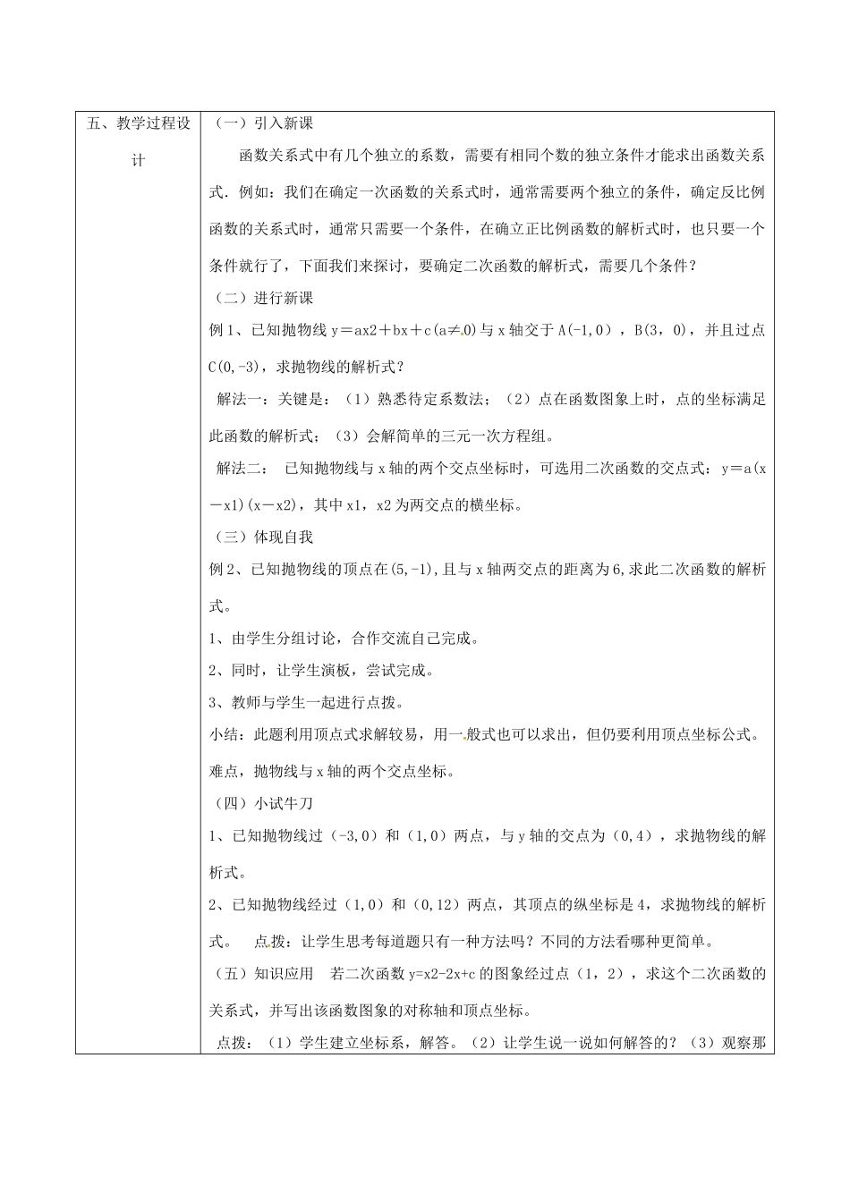 陕西省安康市石泉县池河镇九年级数学上册 22.1.5 二次函数解析式的几种求法教案 （新版）新人教版-（新版）新人教版初中九年级上册数学教案_第2页