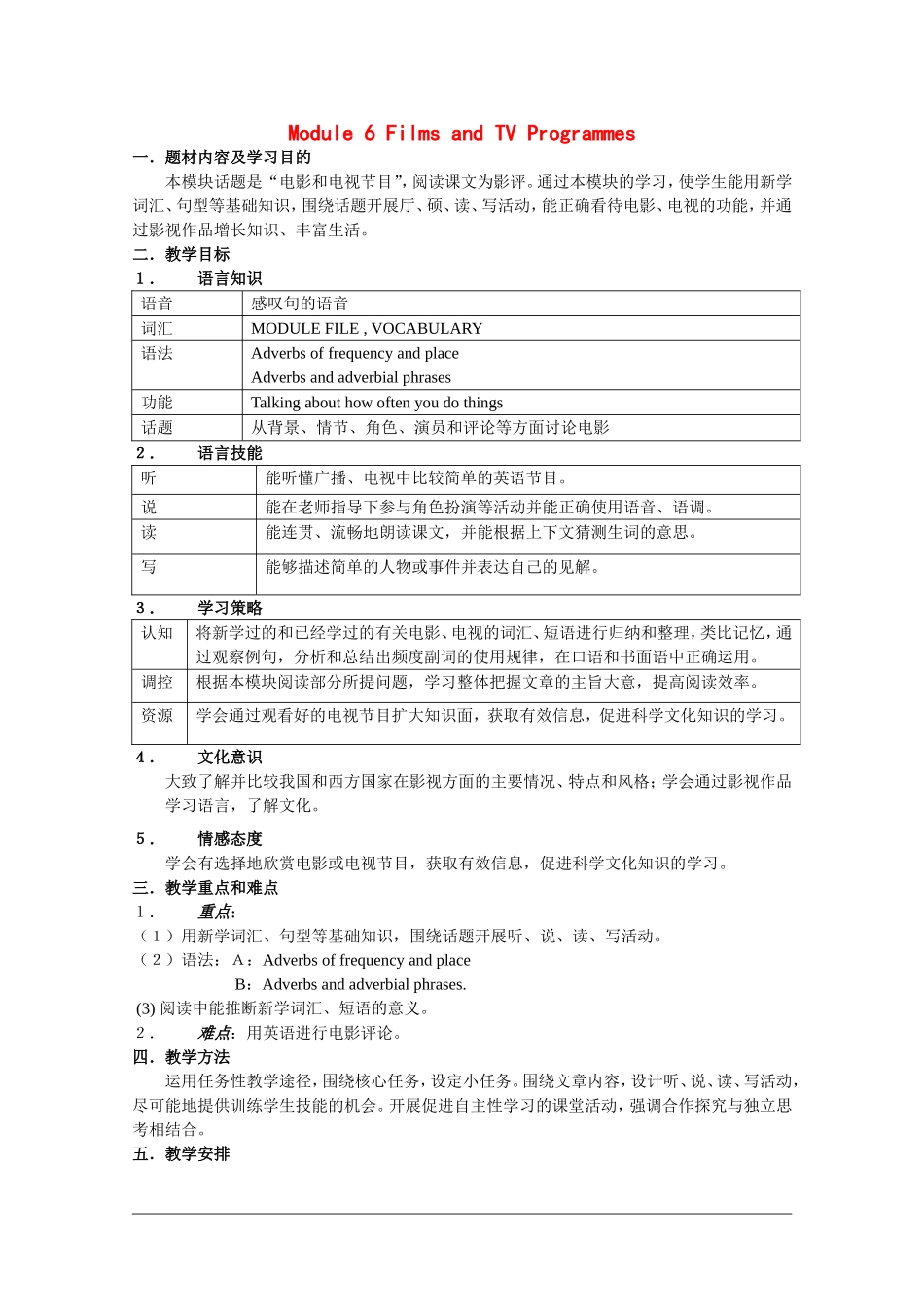 高中英语：module6 films and TV programmes教案（外研版必修2）_第1页