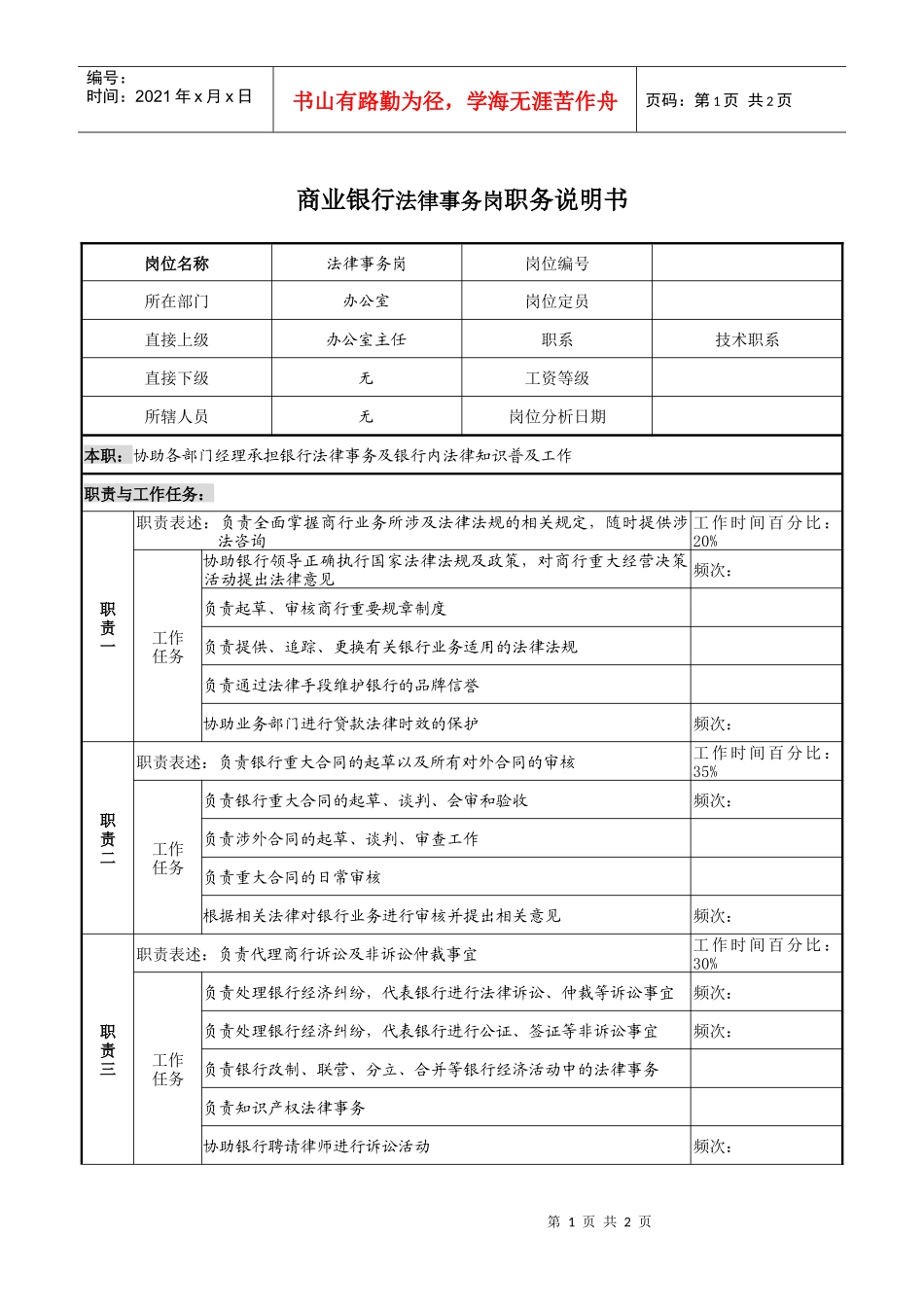 商业银行法律事务岗职务说明书_第1页
