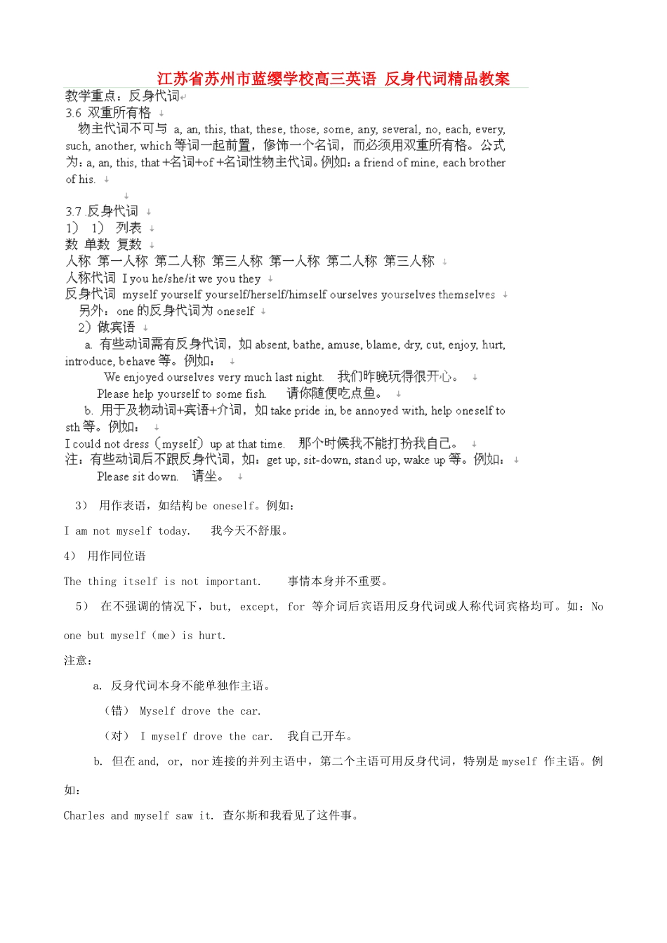 江苏省苏州市蓝缨学校高三英语 反身代词精品教案_第1页