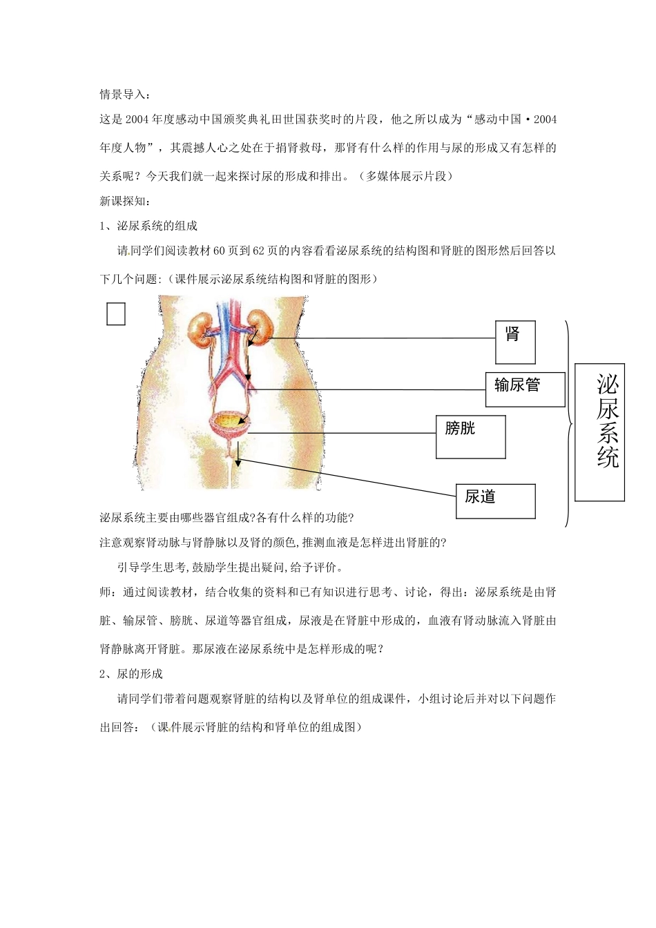 山东省枣庄市峄城区吴林街道中学七年级生物下册 第四章 第一节 尿的形成和排出（第一课时）教案 济南版_第3页