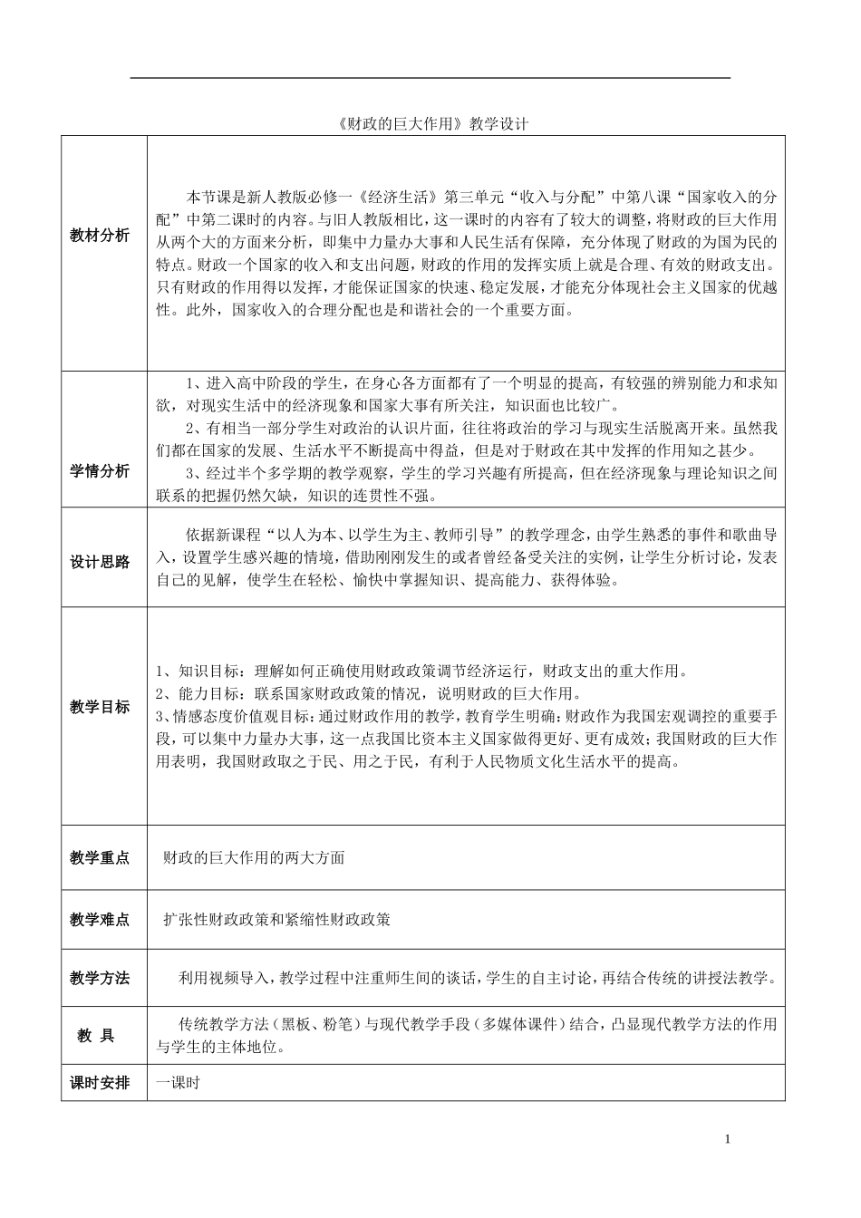 高中政治 财政的巨大作用精品教案_第1页