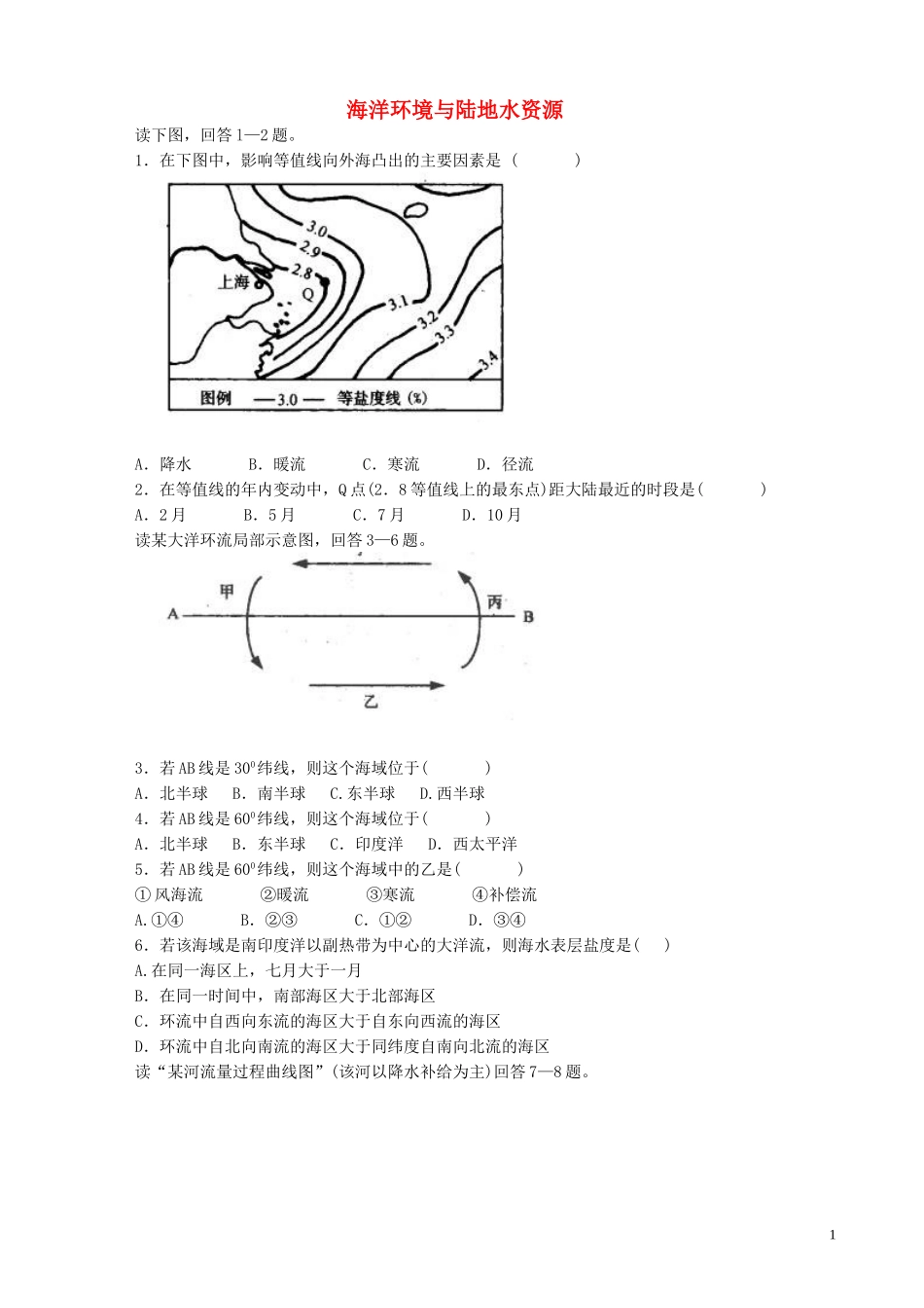 山西省运城市康杰中学高中地理 6.2 海洋环境与陆地水资源同步练习2 新人教版选修2_第1页