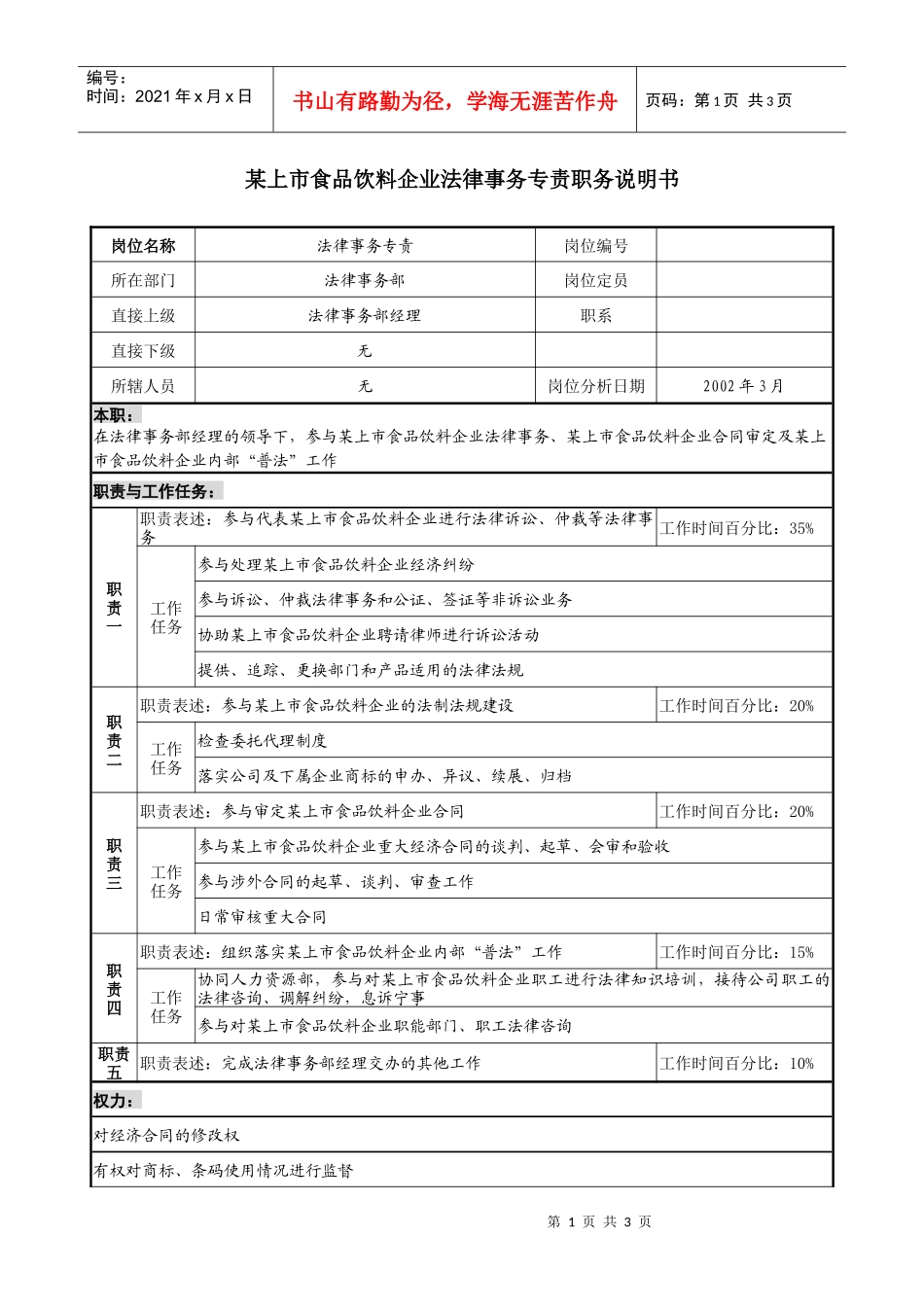 食品饮料企业法律事务专责职务说明书_第1页