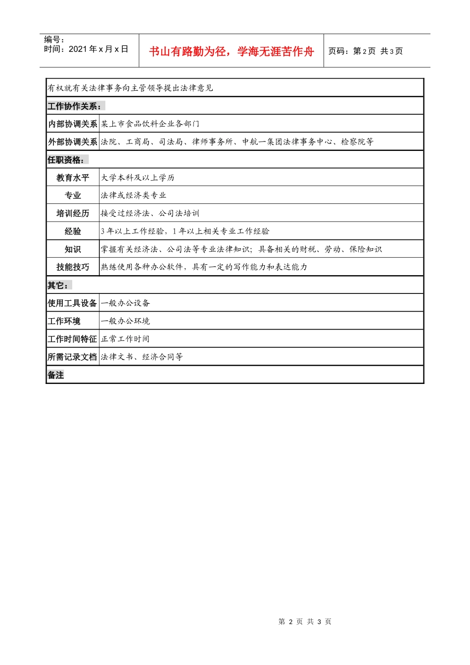 食品饮料企业法律事务专责职务说明书_第2页