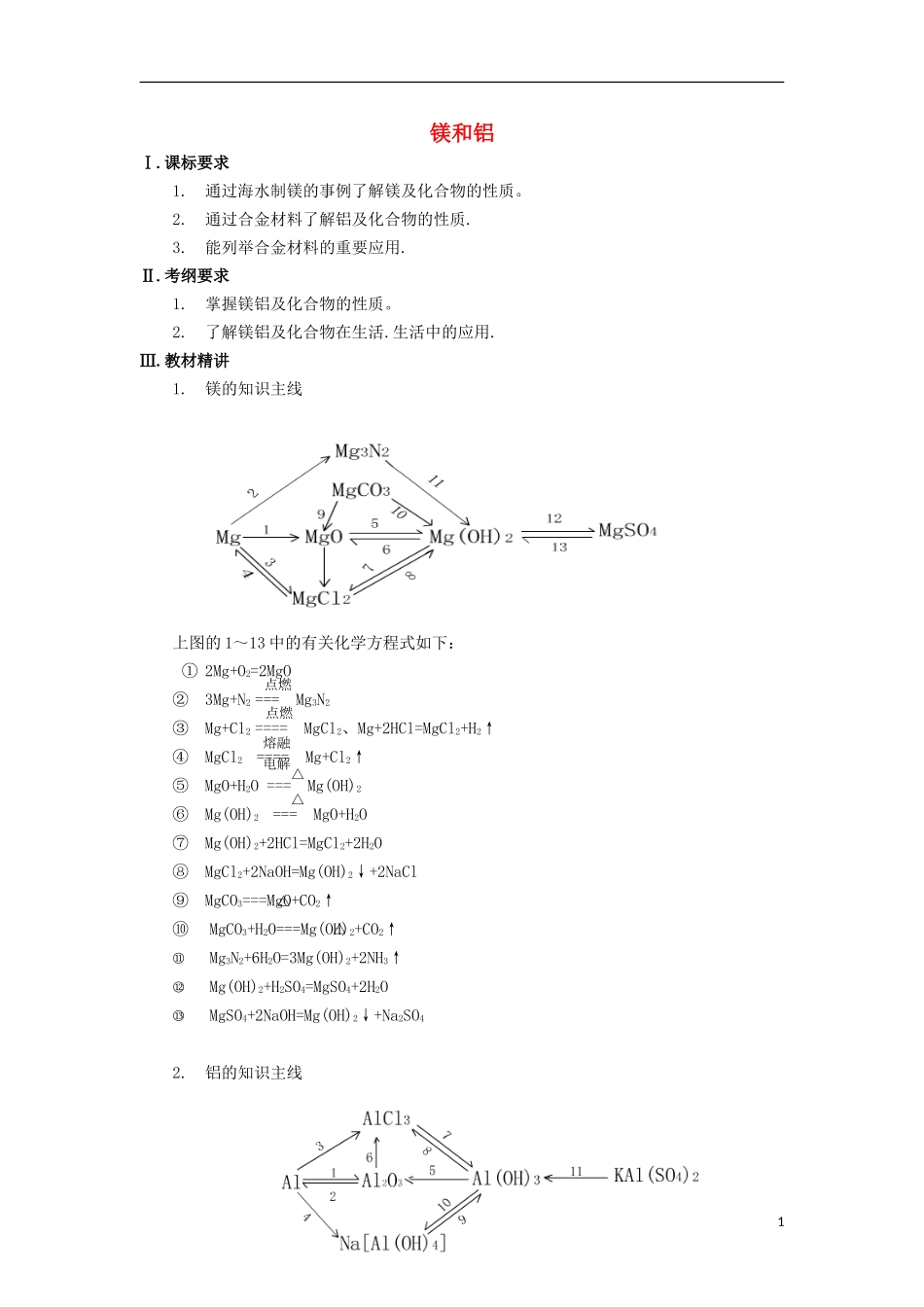 高三化学一轮复习 元素化合物知识 镁和铝教案-人教版高三全册化学教案_第1页