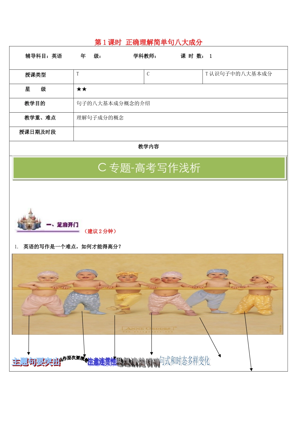 高中英语写作 第1课时 正确理解简单句八大成分教案-人教版高中全册英语教案_第1页